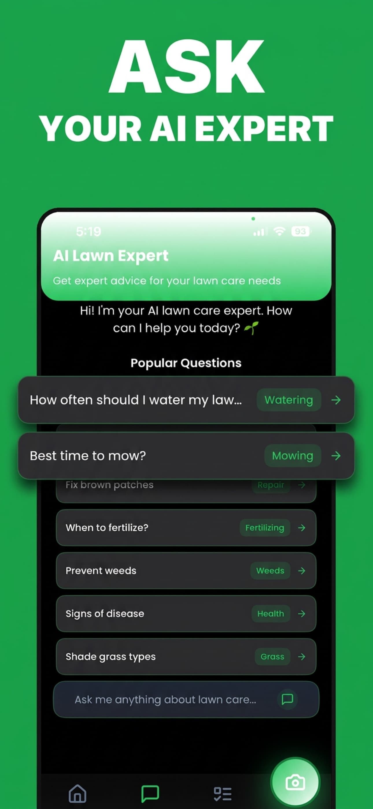 Lawn care AI app chat answering a grass question using the user's lawn data