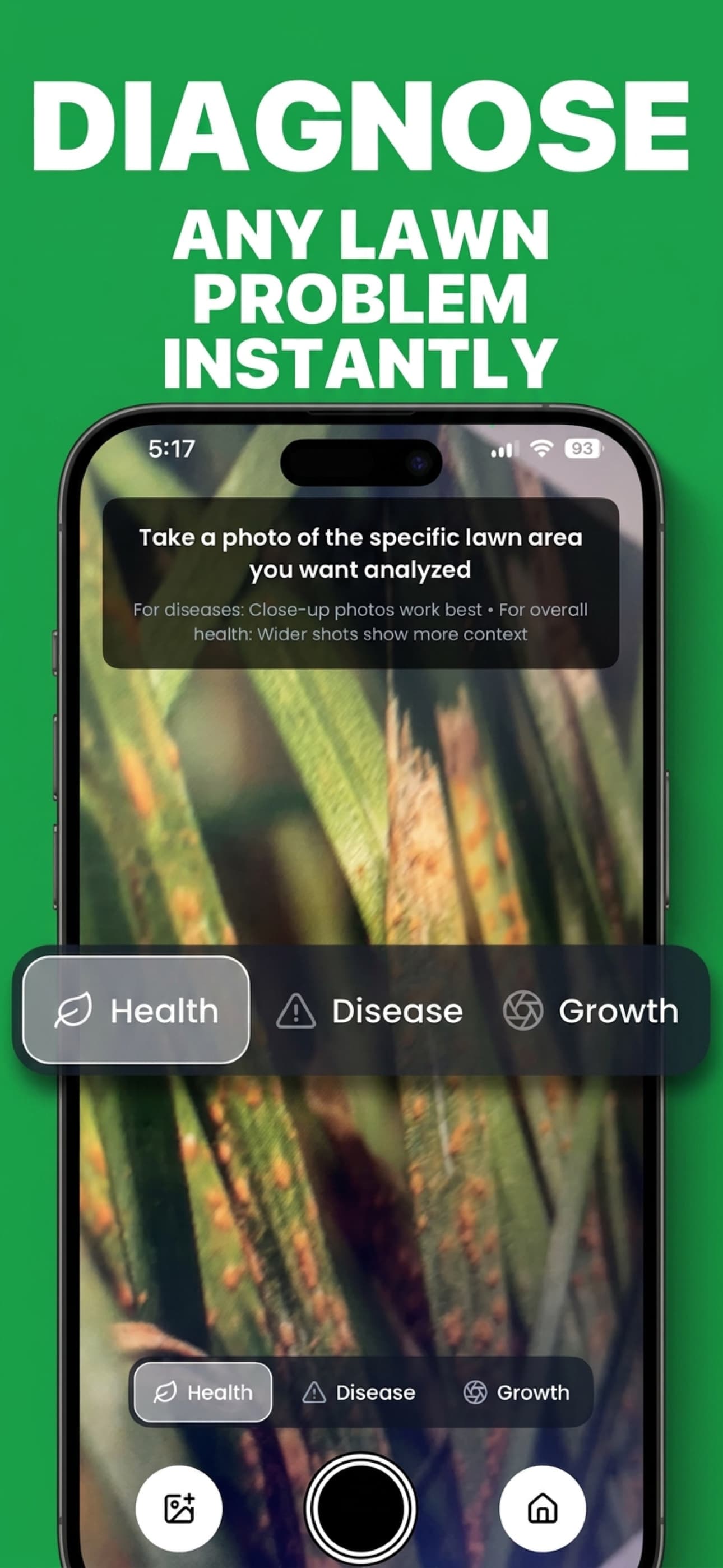 Grass X lawn diagnosis app showing an AI grass analysis screen