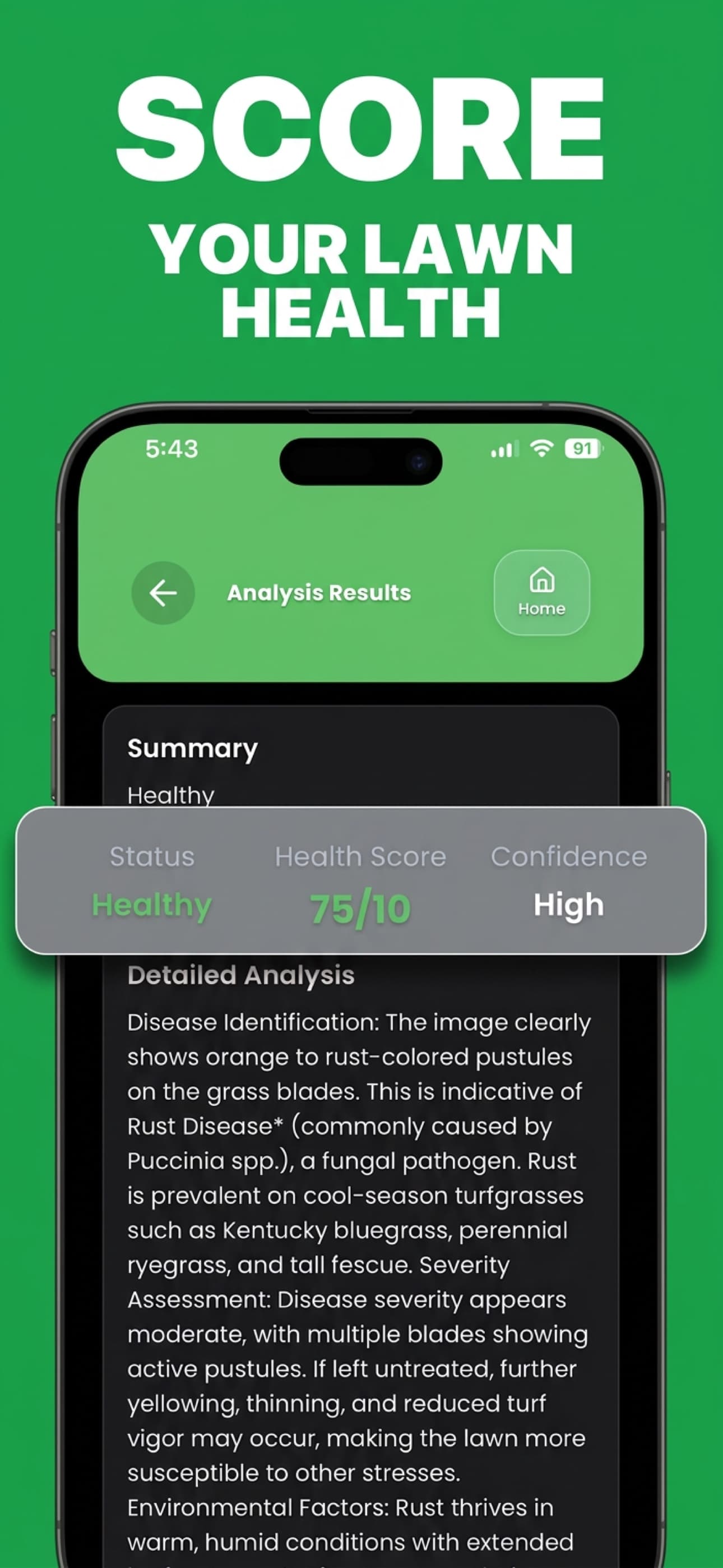 Lawn diagnosis app health score and analysis results screen