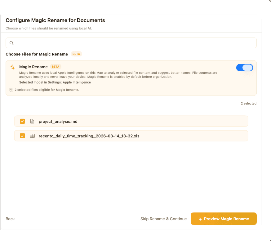 Magic Rename in Files Magic AI showing a batch rename preview with old and new filenames