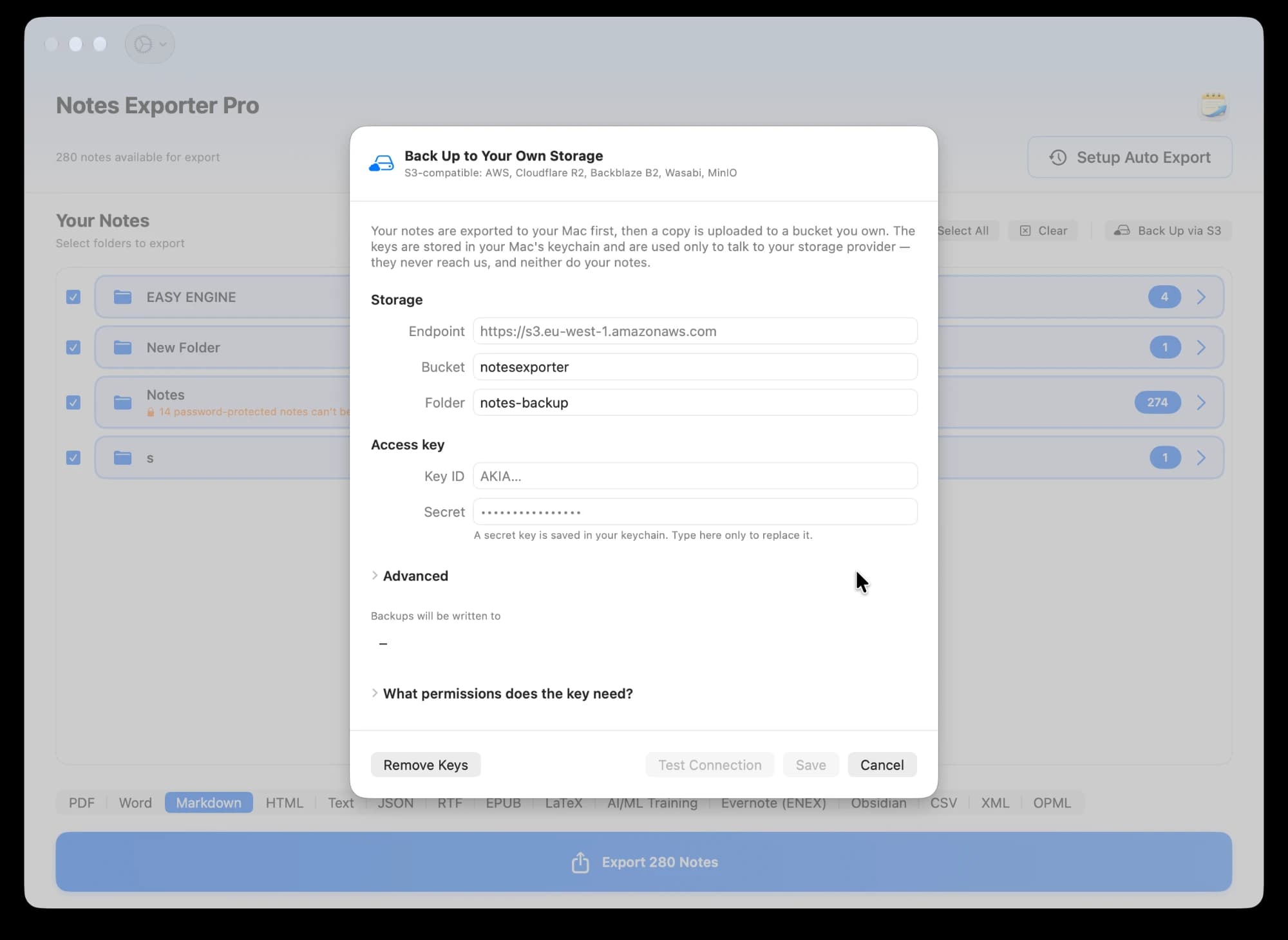 Notes Exporter Pro's Back Up to Your Own Storage window, showing endpoint, bucket and folder fields alongside an access key ID and secret, with Test Connection and Save buttons