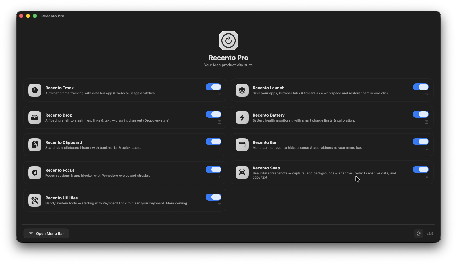 Recento Pro overview showing its native Mac productivity modules